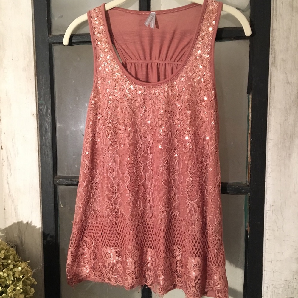 Vanity Dusty Rose Sequin and Lace Tank Top